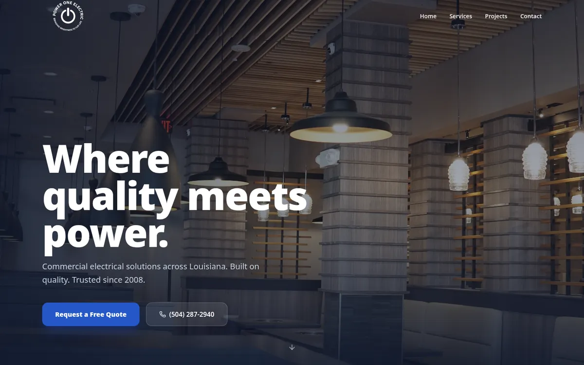 Power One Electric website homepage with the headline Where quality meets power